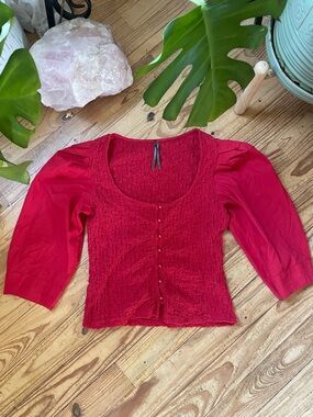 Anthropologie Red Puff-Sleeve Square Neck Blouse